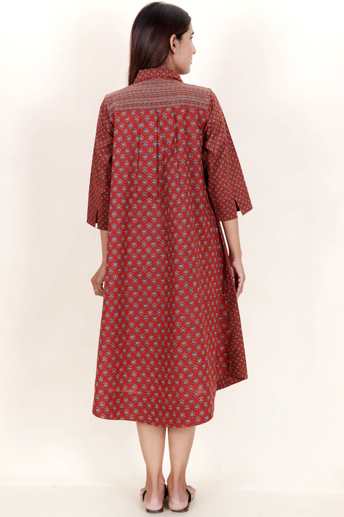 Cambric Cotton Midi Dress In Block Print