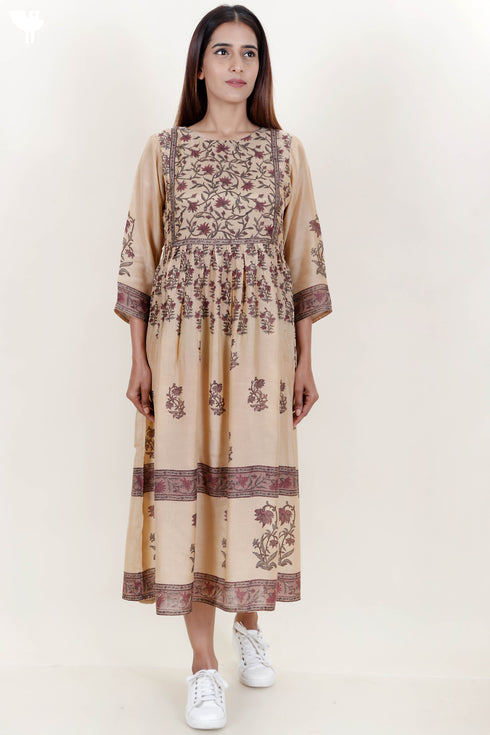 Modal Silk Midi Dress With Floral Block Print