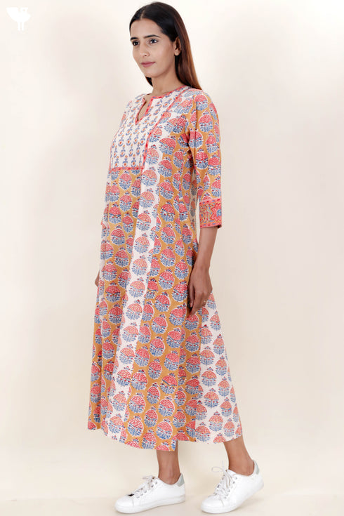 Cambric Cotton Dress In Floral Block Print