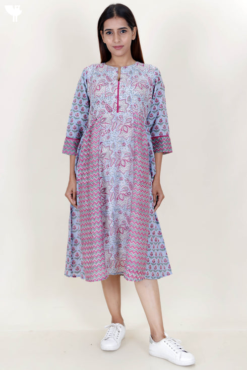 Silk Cotton Paneled Dress In Floral Block Print
