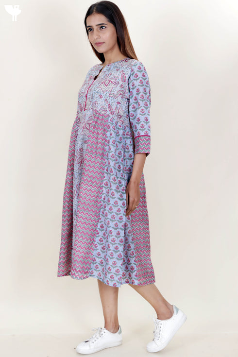 Silk Cotton Paneled Dress In Floral Block Print