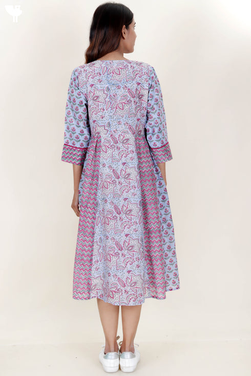 Silk Cotton Paneled Dress In Floral Block Print
