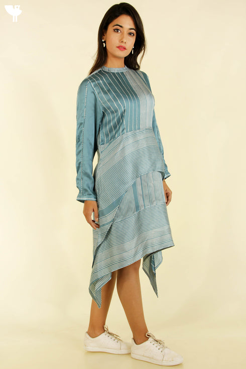 Satin Asymmetrical Dress in Graphic Block Print