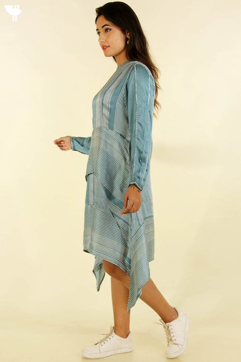 Satin Asymmetrical Dress in Graphic Block Print