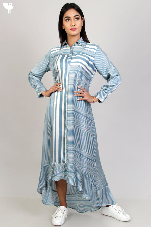 Satin Shirt Dress With Ruffled Hem in Graphic Block Print