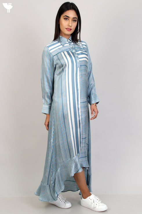 Satin Shirt Dress With Ruffled Hem in Graphic Block Print