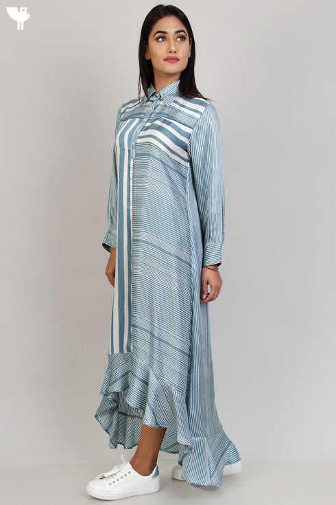 Satin Shirt Dress With Ruffled Hem in Graphic Block Print