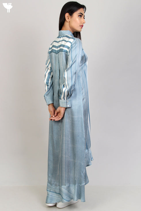 Satin Shirt Dress With Ruffled Hem in Graphic Block Print