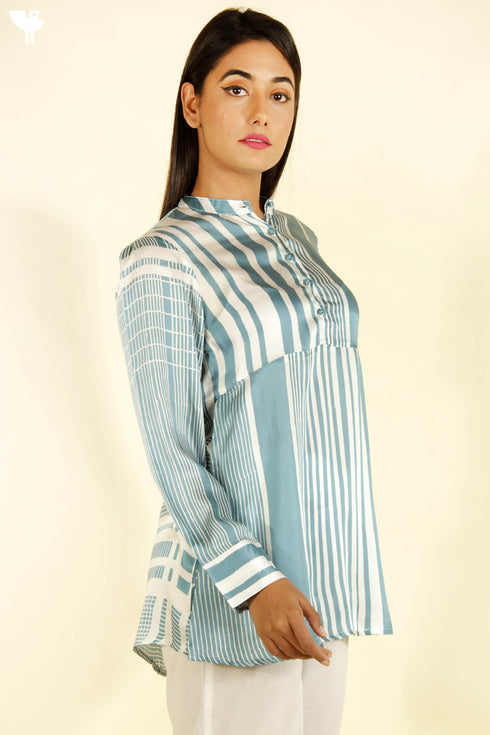 Satin Top in Graphic Block Print