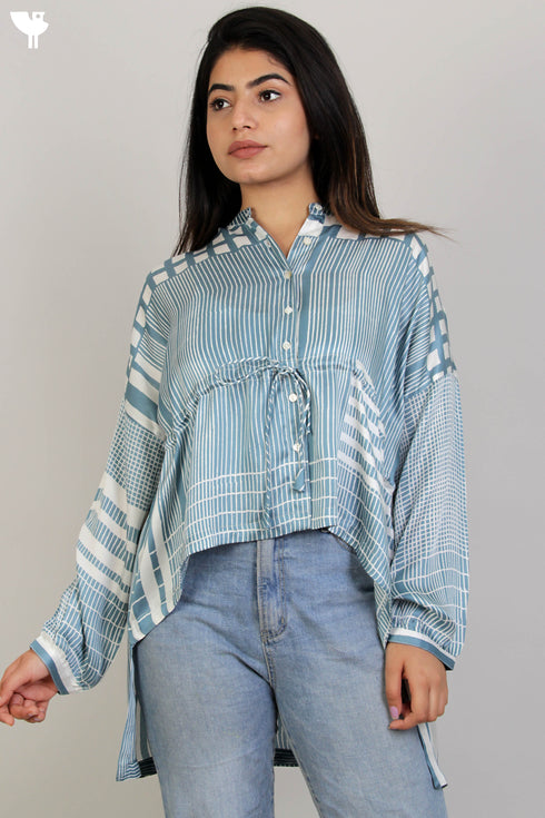 Satin Button Down Top in Graphic Block Print