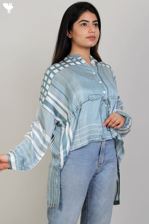 Satin Button Down Top in Graphic Block Print