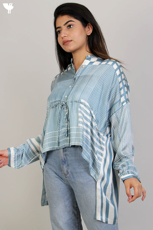 Satin Button Down Top in Graphic Block Print