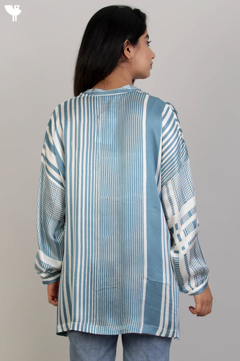 Satin Button Down Top in Graphic Block Print
