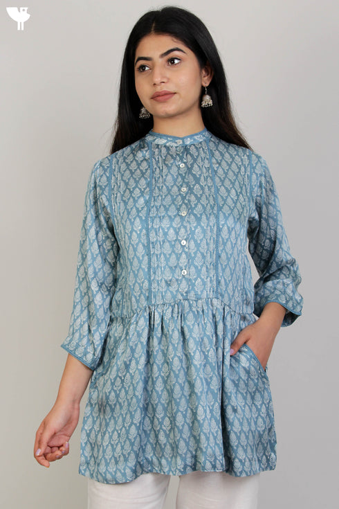 Satin Button Down Top With Pintucks in Graphic Block Print