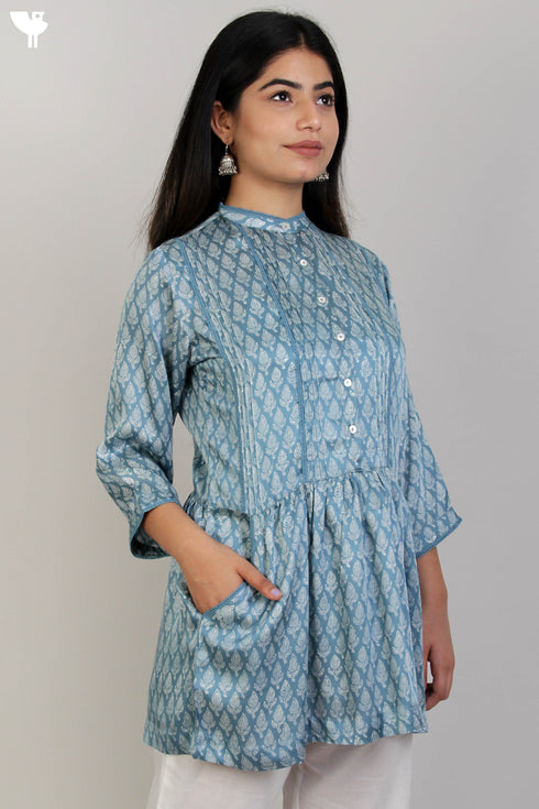 Satin Button Down Top With Pintucks in Graphic Block Print