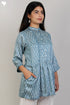Satin Button Down Top With Pintucks in Graphic Block Print