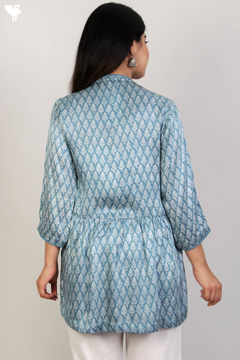 Satin Button Down Top With Pintucks in Graphic Block Print