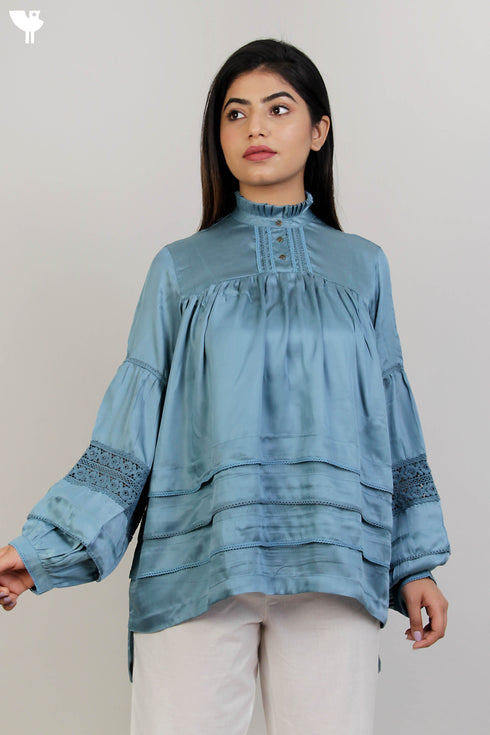 Satin Ruffled Top With Lace Inserts