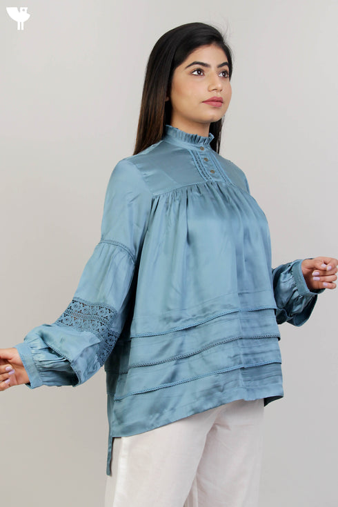 Satin Ruffled Top With Lace Inserts
