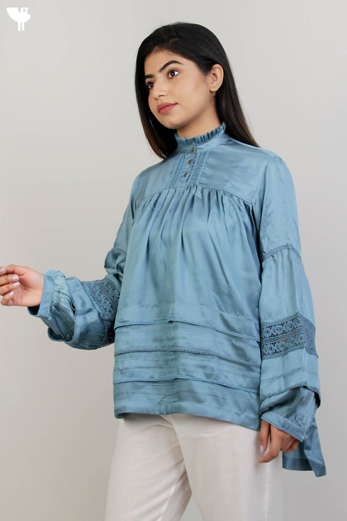 Satin Ruffled Top With Lace Inserts