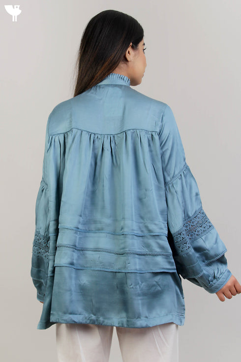 Satin Ruffled Top With Lace Inserts