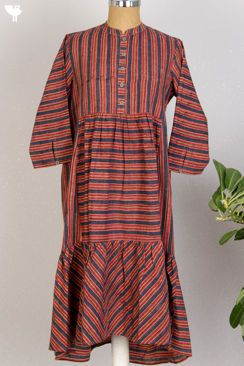 Khaadi Slub Cotton Gathered Dress With Striped Block Print