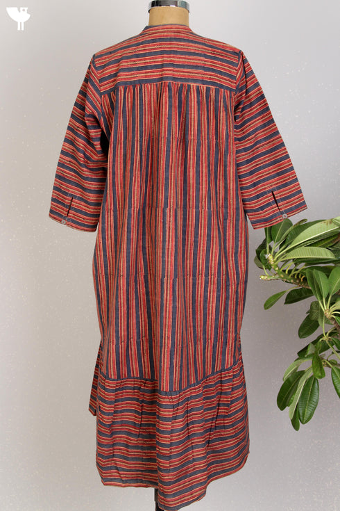 Khaadi Slub Cotton Gathered Dress With Striped Block Print