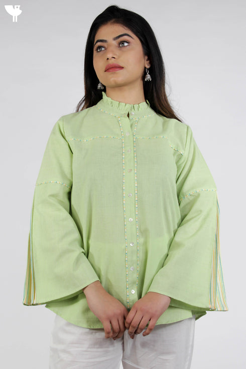 100% Khaadi Cotton Button Down Top With Multicoloured Piping