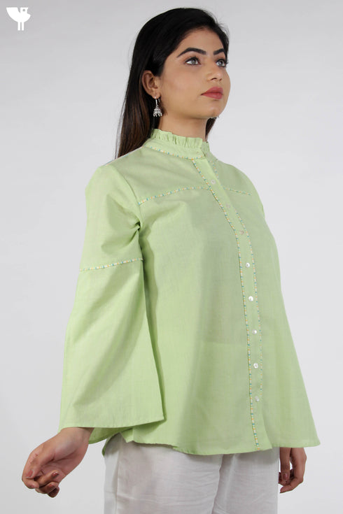 100% Khaadi Cotton Button Down Top With Multicoloured Piping