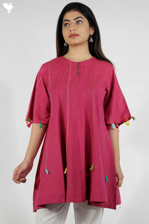 100% Khaadi Cotton Panelled Dress With Multicoloured Running Stitches