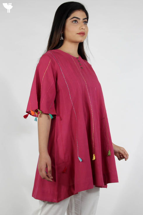 100% Khaadi Cotton Panelled Dress With Multicoloured Running Stitches