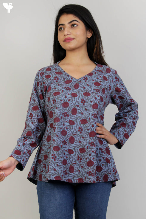 100% Khaadi Cotton Top With Floral Block Print