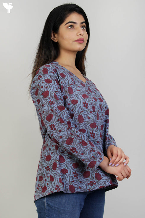 100% Khaadi Cotton Top With Floral Block Print