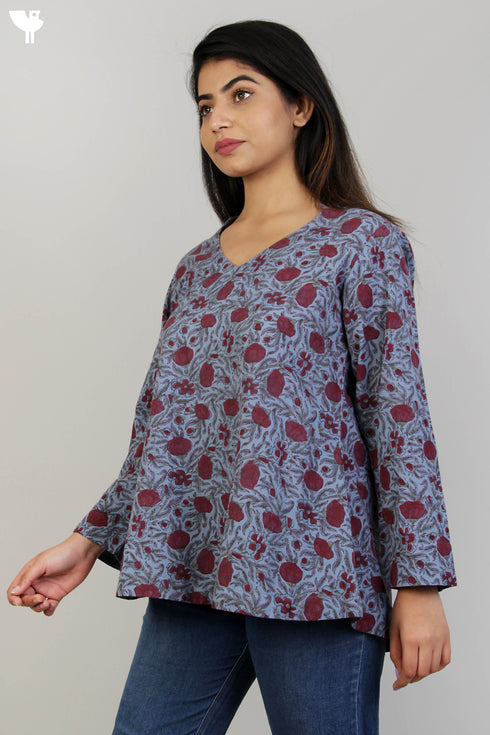 100% Khaadi Cotton Top With Floral Block Print