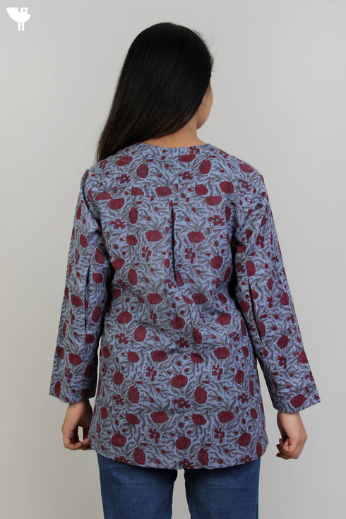 100% Khaadi Cotton Top With Floral Block Print