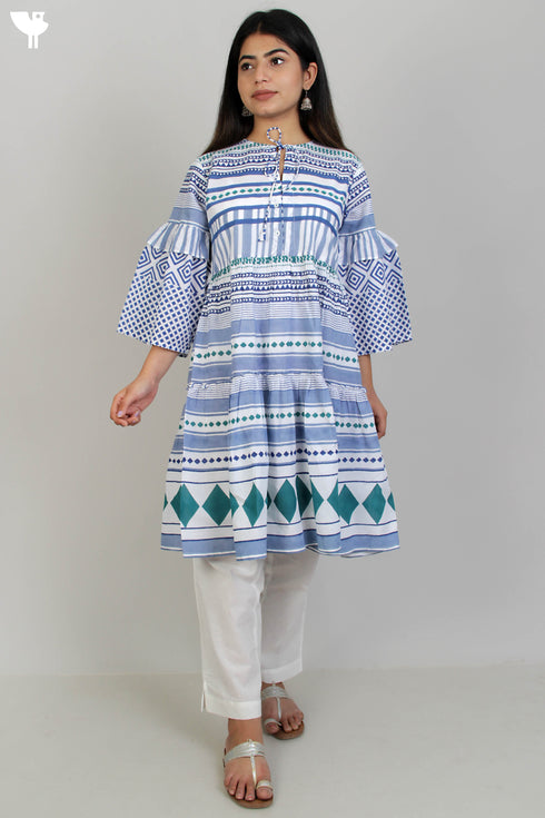 Cambric Cotton Tiered Dress With Graphic Print