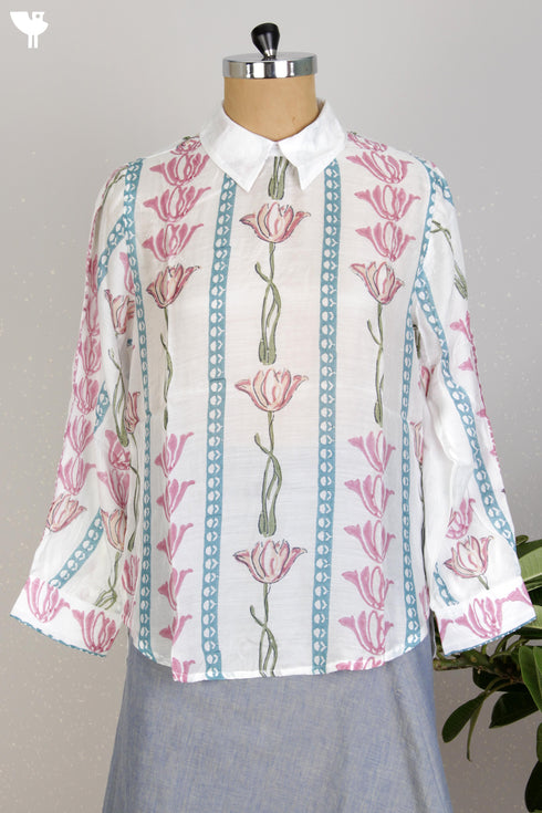Modal Silk Peter Pan Blouse With Floral Block Print