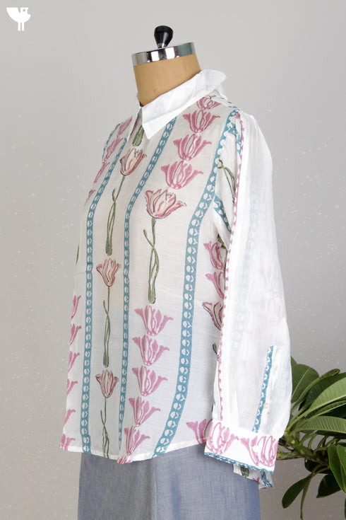 Modal Silk Peter Pan Blouse With Floral Block Print