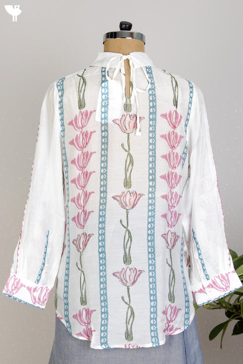 Modal Silk Peter Pan Blouse With Floral Block Print