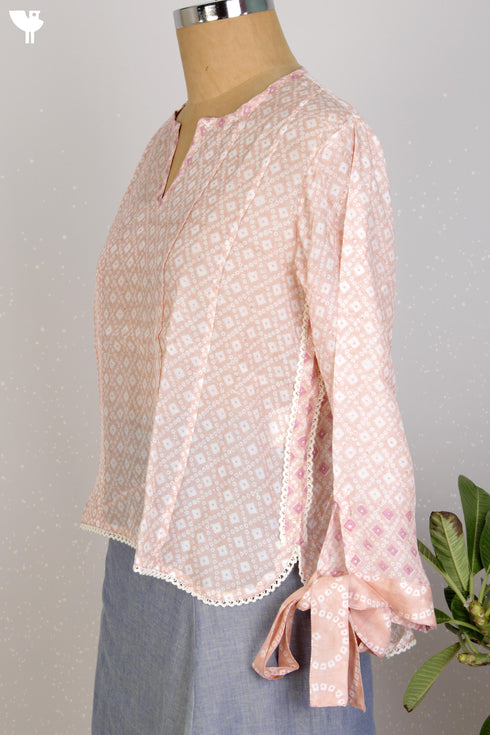 Modal Silk Pleated Blouse With Bandhej Block Print