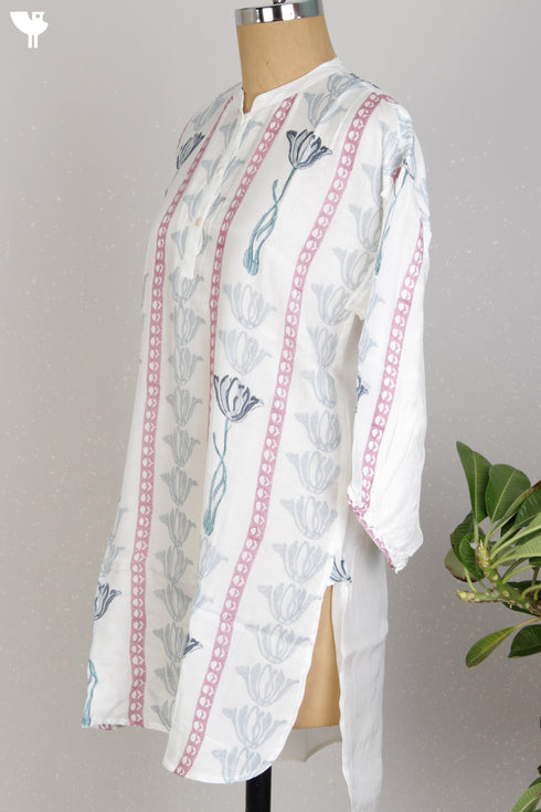 Modal Silk High Low Top With Floral Block Print