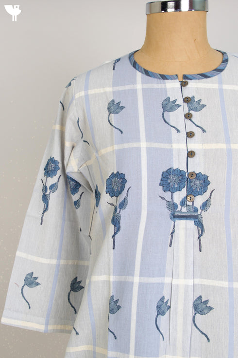 Khaadi Cotton Checkered Top With Floral Block Print