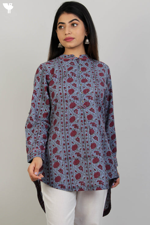 100% Khaadi Cotton Button Down Top With Floral Block Print