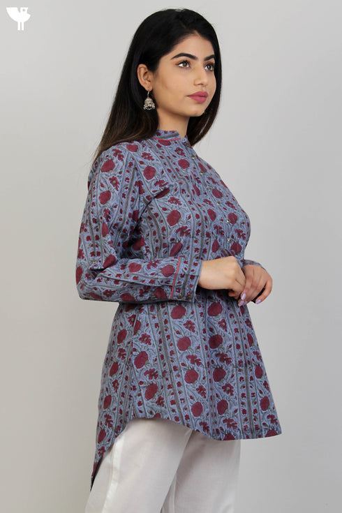 100% Khaadi Cotton Button Down Top With Floral Block Print