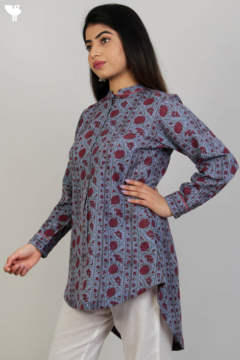 100% Khaadi Cotton Button Down Top With Floral Block Print