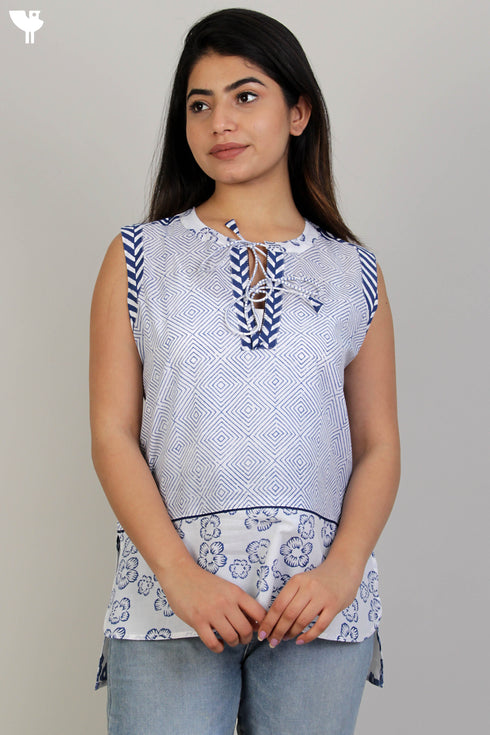 Cambric Cotton Sleeveless Vest With Graphic Print