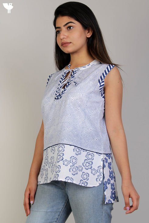 Cambric Cotton Sleeveless Vest With Graphic Print