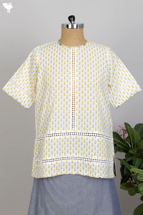 Cotton cambric Top in Yellow Hand Screen Print