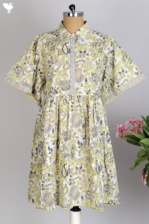 Cotton Cambric Baby Doll Dress in Yellow Hand Screen Print