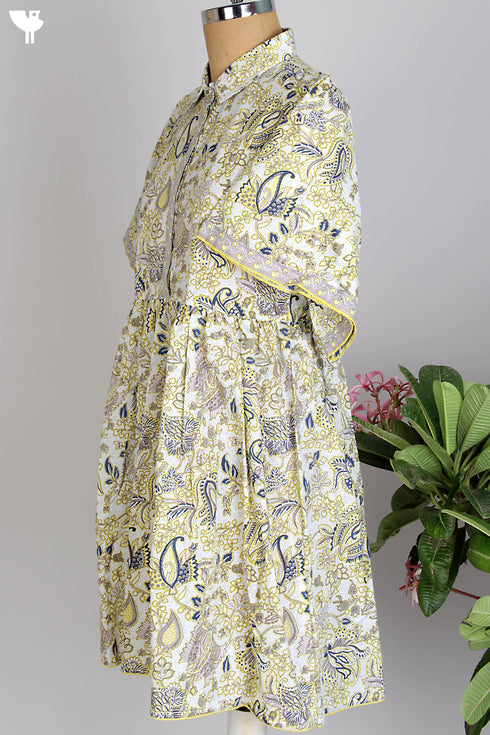 Cotton Cambric Baby Doll Dress in Yellow Hand Screen Print